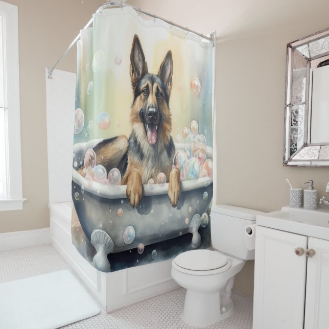 Deutscher Schäferhund in der Badewanne Wasserfarbe Duschvorhang (Beispiel)