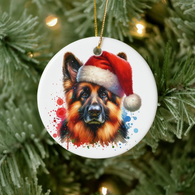 Deutscher Schäferhund in der Weihnachtsmannmütze W Keramik Ornament (Baum)