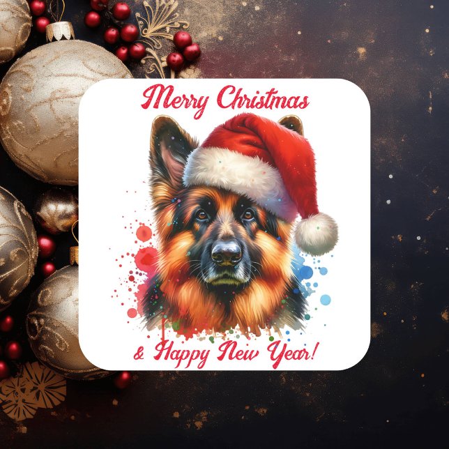 Deutscher Schäferhund in der Weihnachtsmannmütze W Quadratischer Aufkleber (Von Creator hochgeladen)