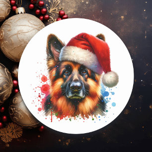 Deutscher Schäferhund in der Weihnachtsmannmütze W Runder Aufkleber