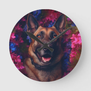 Deutscher Schäferhund in einem Blumenkranz Uhr