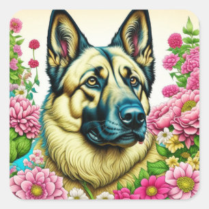 Deutscher Schäferhund in rosa Blume Kunst Quadratischer Aufkleber
