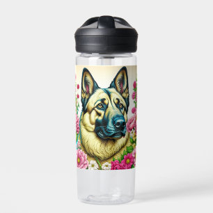 Deutscher Schäferhund in rosa Blume Kunst Trinkflasche