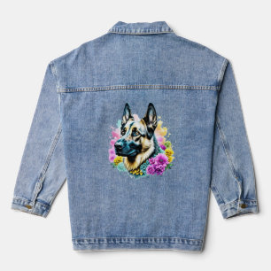 Deutscher Schäferhund in rosa und gelben Blumen Jeansjacke