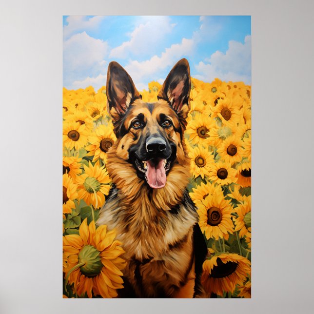 Deutscher Schäferhund in Sonnenblumen Poster (Vorne)