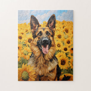 Deutscher Schäferhund in Sonnenblumen Puzzle