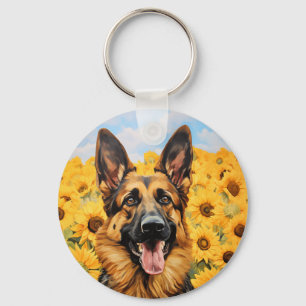 Deutscher Schäferhund in Sonnenblumen Schlüsselanhänger