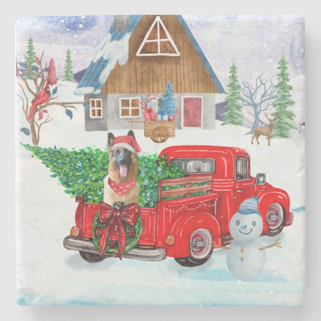 Deutscher Schäferhund in Weihnachten LKW Schnee Steinuntersetzer (Vorderseite)