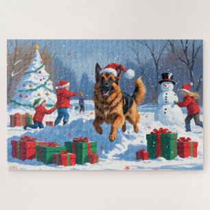 Deutscher Schäferhund läuft im Schnee mit Weihnach Puzzle