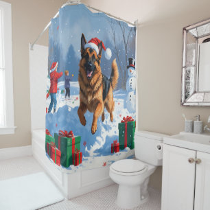 Deutscher Schäferhund läuft mit Weihnachtshut im S Duschvorhang