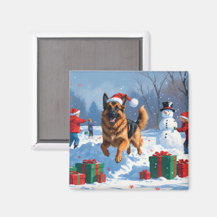Deutscher Schäferhund läuft mit Weihnachtshut im S Magnet