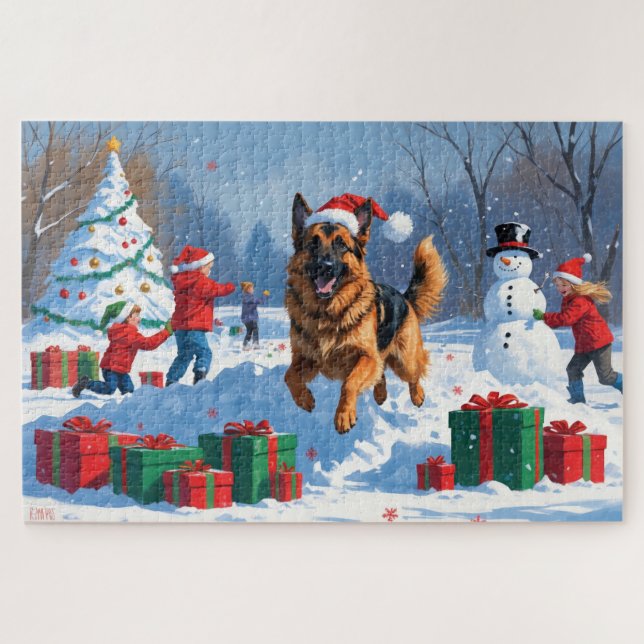 Deutscher Schäferhund läuft mit Weihnachtshut im S Puzzle (Horizontal)