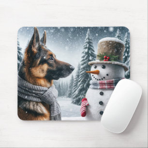 Deutscher Schäferhund mit Holiday Snowman Mousepad