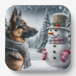 Deutscher Schäferhund mit Holiday Snowman Pappteller