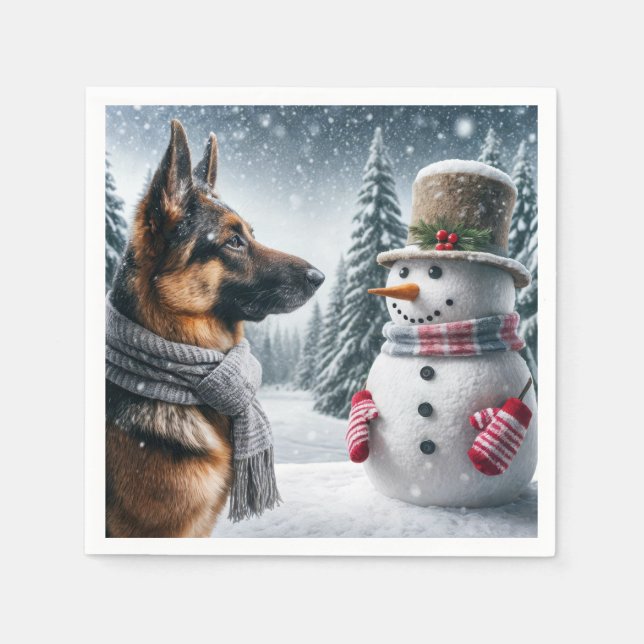 Deutscher Schäferhund mit Holiday Snowman Serviette (Vorderseite)