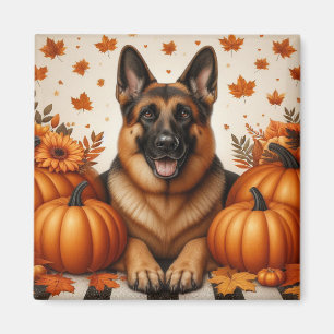 Deutscher Schäferhund mit Pumpkins und Herbstblätt Magnet