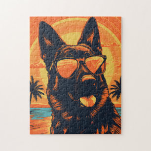 Deutscher Schäferhund mit Sonnenbrille am Strand Puzzle