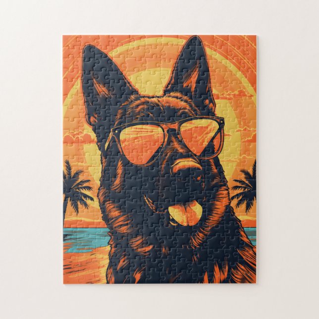 Deutscher Schäferhund mit Sonnenbrille am Strand Puzzle (Vertikal)