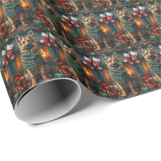 Deutscher Schäferhund mit Weihnachtsgeschenken Feu Geschenkpapier (Rolleneckpunkt)