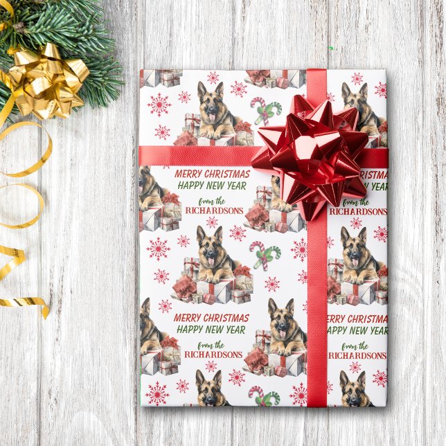 Deutscher Schäferhund mit Weihnachtsgeschenken Geschenkpapier (Von Creator hochgeladen)