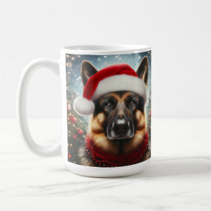 Deutscher Schäferhund mit Weihnachtsmannmütze und Kaffeetasse