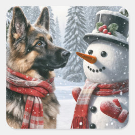 Deutscher Schäferhund mit Weihnachtsschneemann Quadratischer Aufkleber
