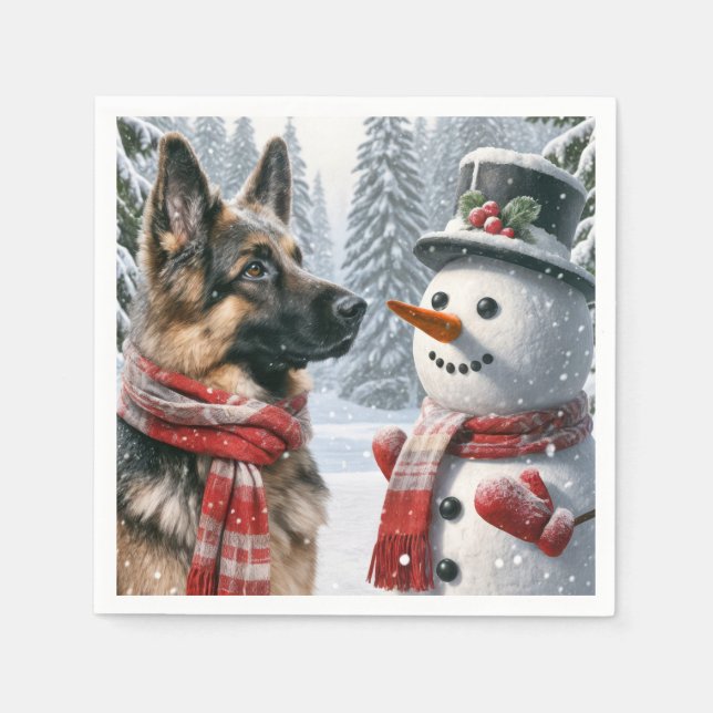 Deutscher Schäferhund mit Weihnachtsschneemann Serviette (Vorderseite)