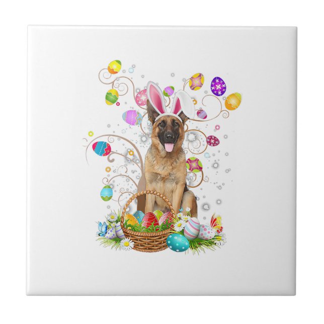 Deutscher Schäferhund Ostereier Jagd Korb Ostern Fliese (Vorderseite)