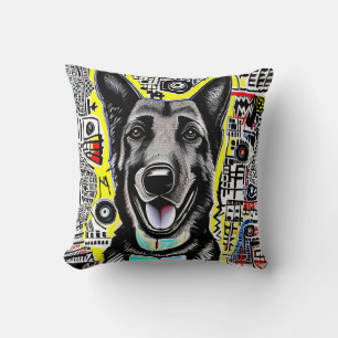 Deutscher Schäferhund Pop Kunst mit GSD, Gelb Blau Kissen