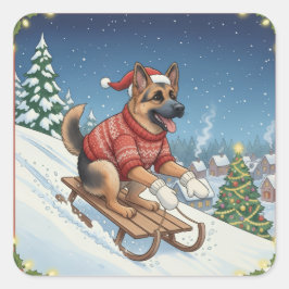 Deutscher Schäferhund Schlittenfahren, Weihnachtsa Quadratischer Aufkleber
