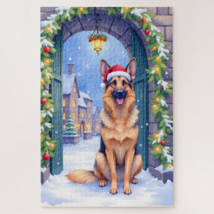 Deutscher Schäferhund Schnee Stadttor Weihnachtsma Puzzle