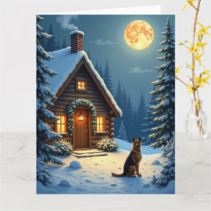 Deutscher Schäferhund Schneewald Hütte Weihnachten Karte