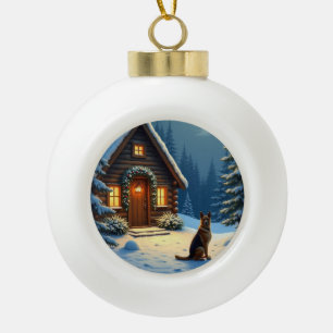 Deutscher Schäferhund Schneewaldhütte Weihnachtsbi Keramik Kugel-Ornament