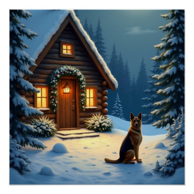 Deutscher Schäferhund Schneewaldhütte Weihnachtsbi Poster (Vorderseite)