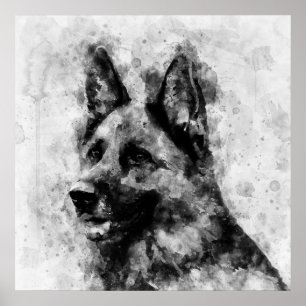 Deutscher Schäferhund Schwarz-Weiß-Wasserfarbe Poster