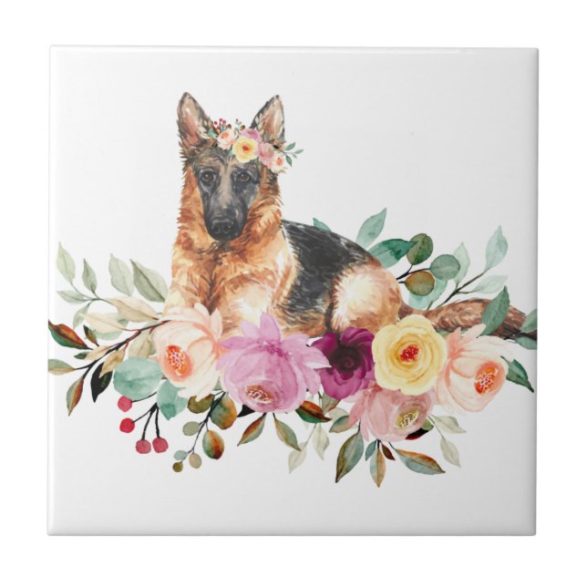 Deutscher Schäferhund spielt in Blume Keramik Tile Fliese (Vorderseite)