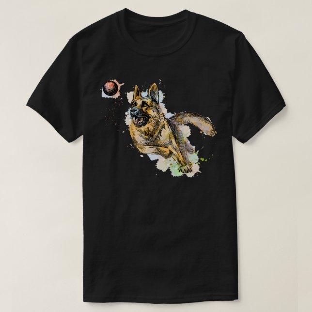 Deutscher Schäferhund spielt und fängt einen Ball T-Shirt (Design vorne)