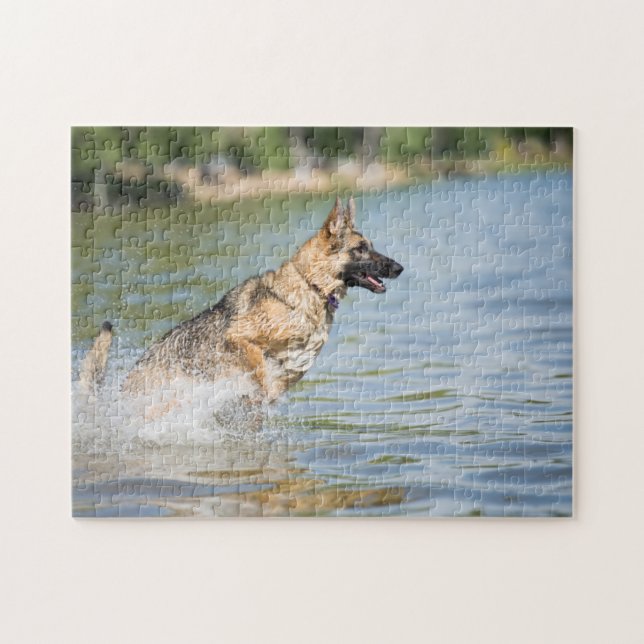Deutscher Schäferhund springt ins Wasser Puzzle (Horizontal)