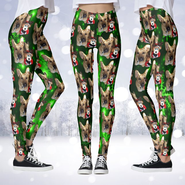 Deutscher Schäferhund, Toyotter, grüne Schneeflock Leggings (German Shepherd, Toy Reindeer, Green Snowflakes Leggings)