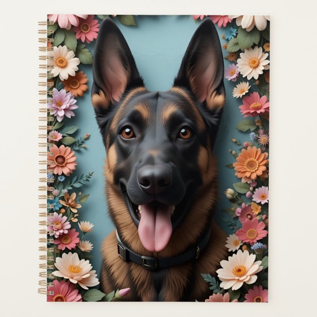 Deutscher Schäferhund umgeben von lebendigen Blume Planer (Vorderseite)