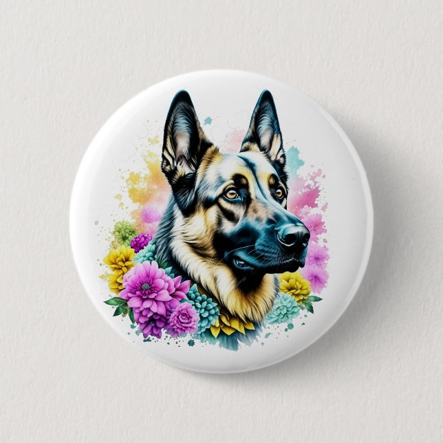Deutscher Schäferhund und Blume ai art Button (Vorderseite)