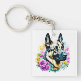 Deutscher Schäferhund und Blume ai art Personalisi Schlüsselanhänger