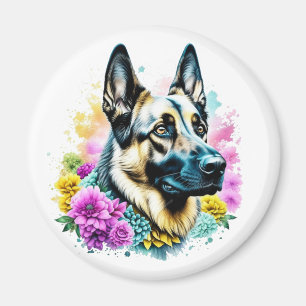 Deutscher Schäferhund und Blumen AI-Kunst   Magnet