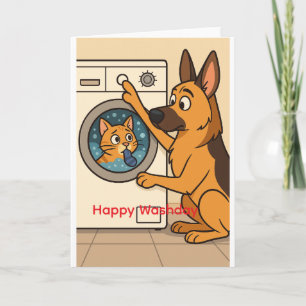 Deutscher Schäferhund und Katzenwäsche Humor  Karte