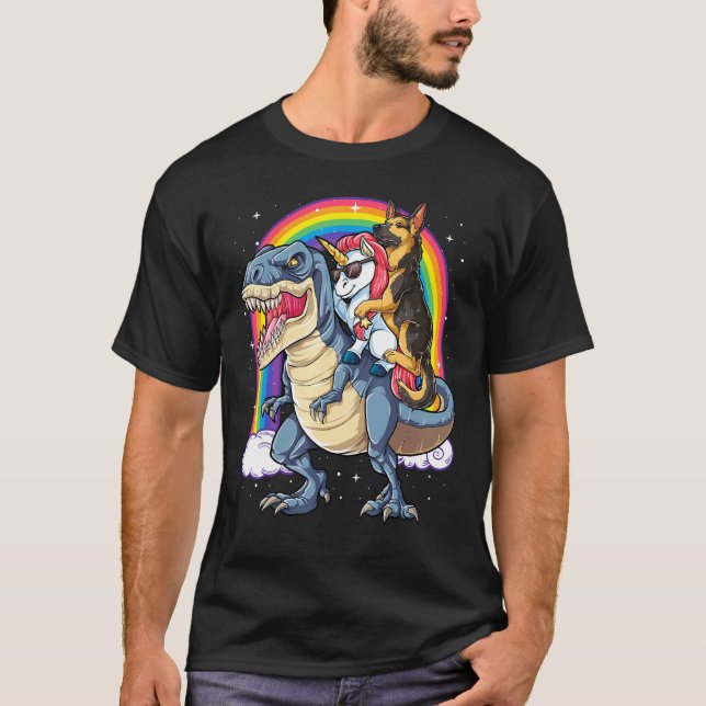 Deutscher Schäferhund Unicorn Riding Dinosaur T Re T-Shirt (Vorderseite)