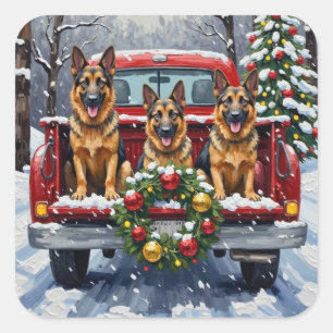 Deutscher Schäferhund Weihnachten Rotes Lastwagen  Quadratischer Aufkleber