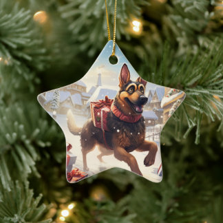 Deutscher Schäferhund Weihnachts-Tier-Ornament, Hu Keramik Ornament