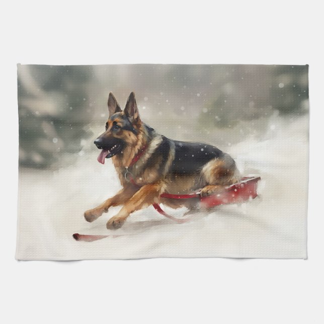 Deutscher Schäferhund Weihnachtsschnee im Winter Geschirrtuch (Horizontal)