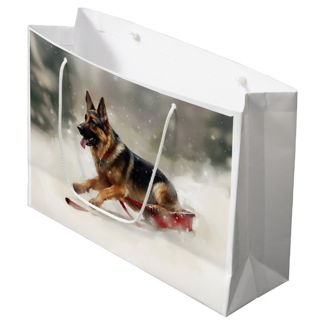 Deutscher Schäferhund Weihnachtsschnee im Winter Große Geschenktüte (Vorderseite Schrägansicht)