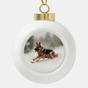 Deutscher Schäferhund Weihnachtsschnee im Winter Keramik Kugel-Ornament